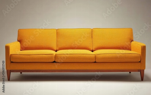 A sleek mid-century modern sofa with clean lines, neutral fabric, and tapered wooden legs