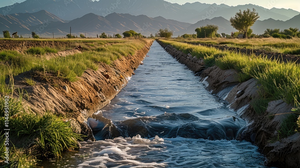 Fototapeta premium An irrigation canal flowing through a field with mountains in the background.