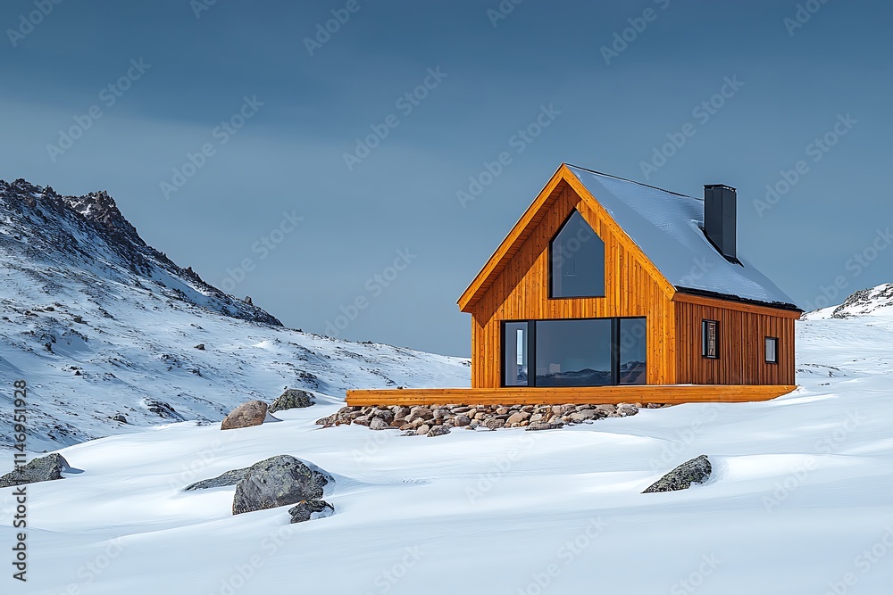 A modern wooden cabin nestled in a snowy mountain landscape A modern wooden cabin nestled in a snowy mountain landscape