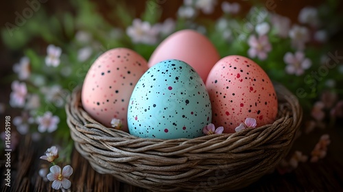 Hand-painted eggs in pastel colors in a woven basket.