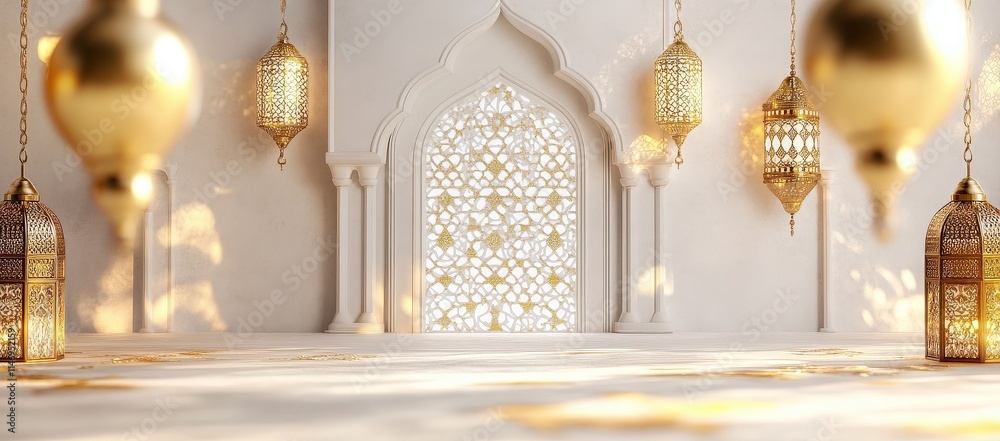 Fototapeta premium Elegant Islamic Architecture Interior Design with Golden Lanterns and Intricate Latticework