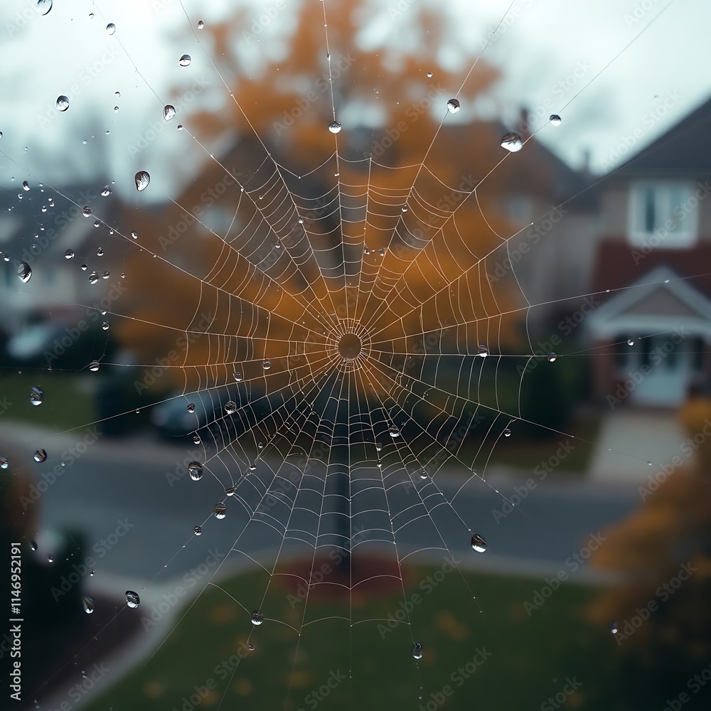Naklejka premium Shattered Window with Water Droplets & Autumn Bokeh | Serene, Melancholic Suburban Scene in Warm Tones