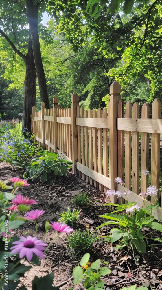 A charming wooden picket fence surrounded by vibrant flowers and lush greenery in a serene garden setting on a sunny day. A charming wooden picket fence surrounded by vibrant flowers and lush greenery in a serene garden setting on a sunny day.