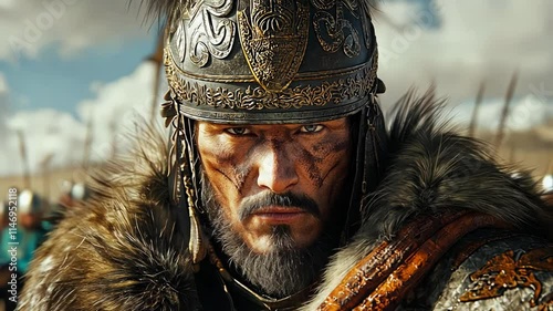A Tatar Mongol warrior leader stands proudly against the backdrop of his army, showcasing determination and strength. The scene reflects a moment of preparation before a significant clash.