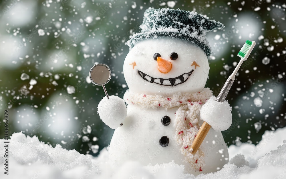 A snowman as a dentist with a small mirror tool, a toothbrush, and a white dental coat, surrounded by snow