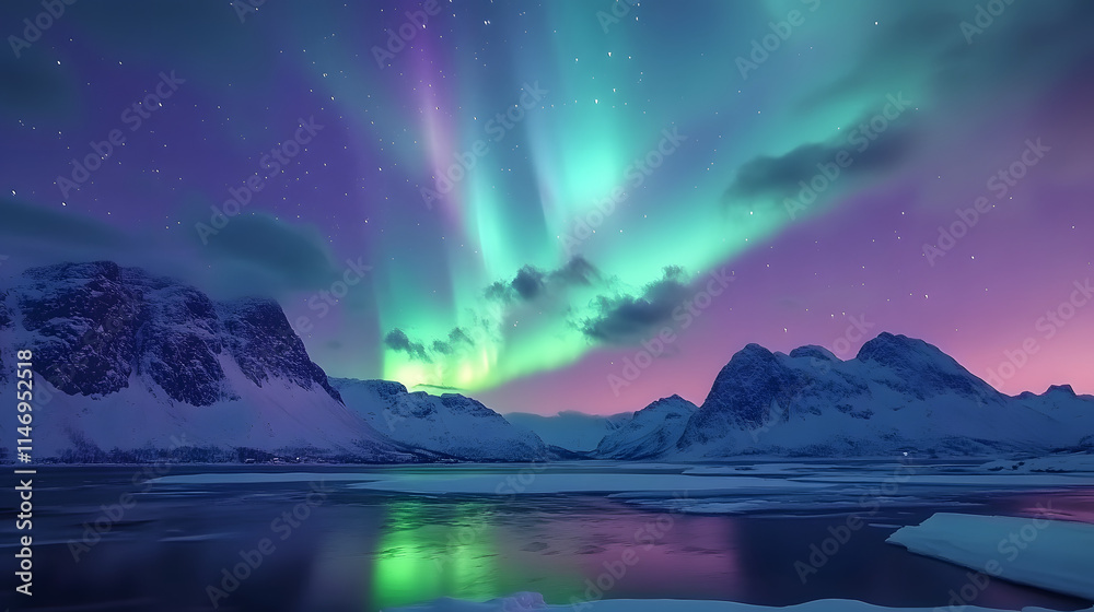 A mesmerizing scene of the Northern Lights dancing over snow-capped mountains and frozen waters, under a starry night sky A mesmerizing scene of the Northern Lights dancing over snow-capped mountains and frozen waters, under a starry night sky