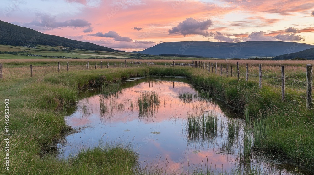 Serene sunset over calm stream reflecting pink clouds and distant hills in a tranquil grassy field with wooden fence. Serene sunset over calm stream reflecting pink clouds and distant hills in a tranquil grassy field with wooden fence.