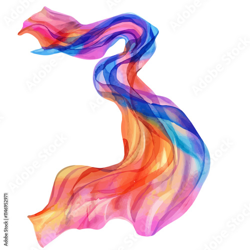 A watercolor vector of a colorful summer scarf blowing in the wind, isolated on a white background. Colorful summer scarf blowing in the wind vector.
