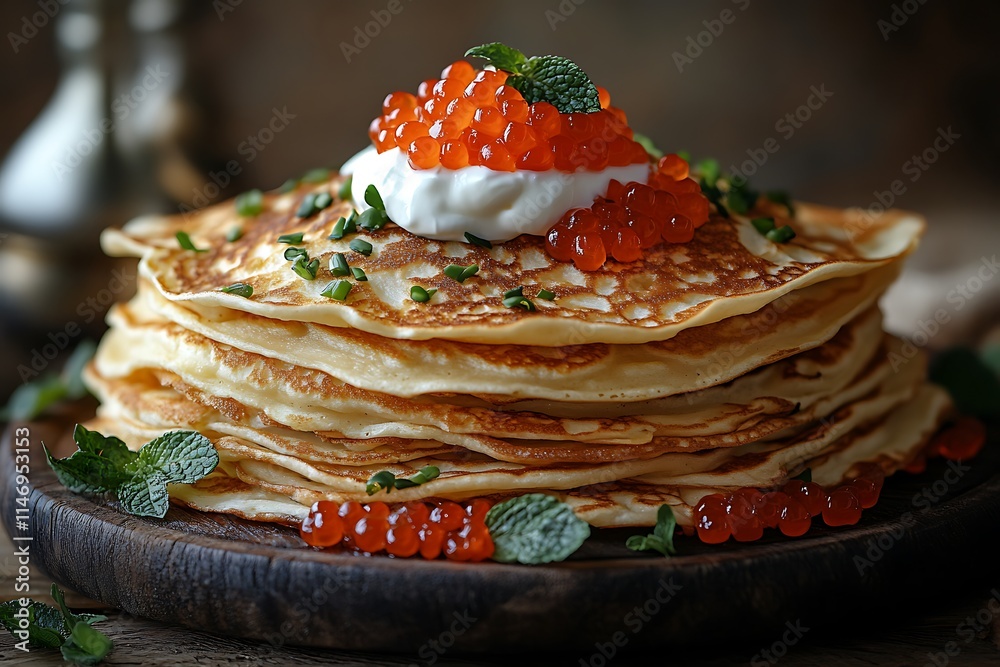 Delicious Stack of Russian Pancakes with Red Caviar and Sour Cream, Food Photography on Rustic Wooden Table Delicious Stack of Russian Pancakes with Red Caviar and Sour Cream, Food Photography on Rustic Wooden Table