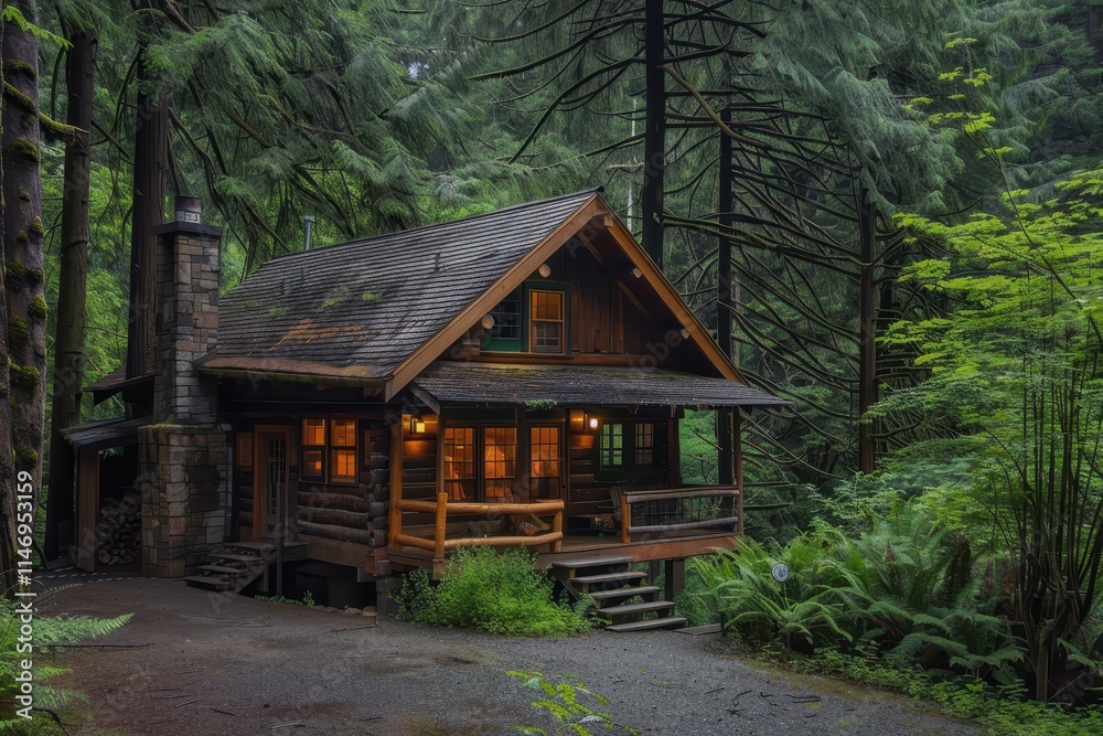 Cozy log cabin nestled among tall trees in a lush green forest during the early morning hours Cozy log cabin nestled among tall trees in a lush green forest during the early morning hours