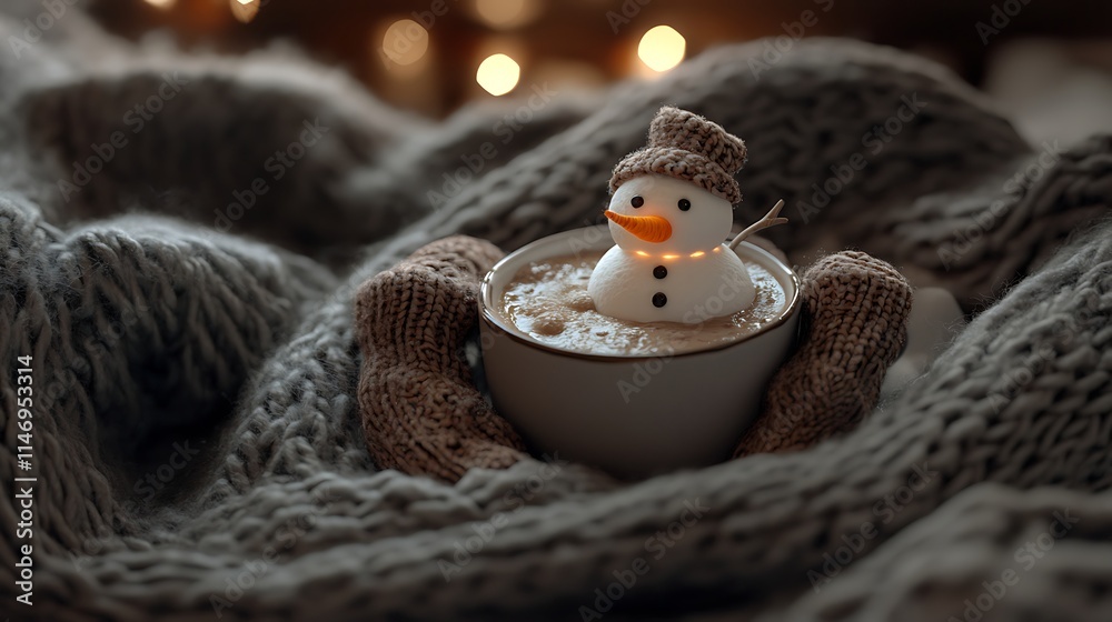 Obraz premium Cozy scene with hot chocolate and a melting snowman marshmallow surrounded by woolen mittens