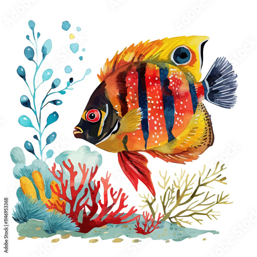 A watercolor vector of colorful tropical fish swimming near coral, isolated on a white background. Colorful tropical fish near coral vector.
