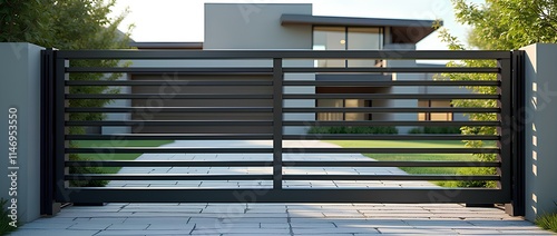 Automatic Sliding Gate and house automation door metal entrance of home residence garden or elegance building with wall, empty garage or industrial warehouse with black forged metal