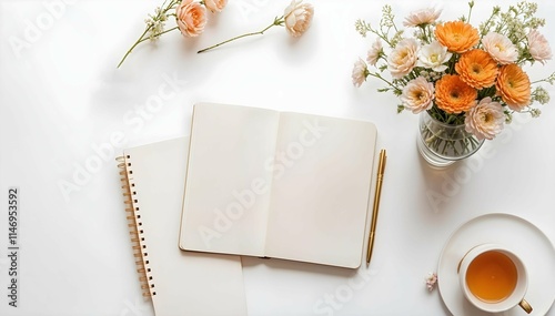 Workspace top view, notebook and flowers on white background