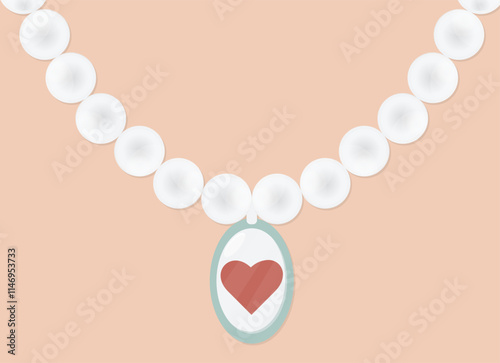 Pearl necklace with pendant. Heart shaped jewelry on skin colored background.
