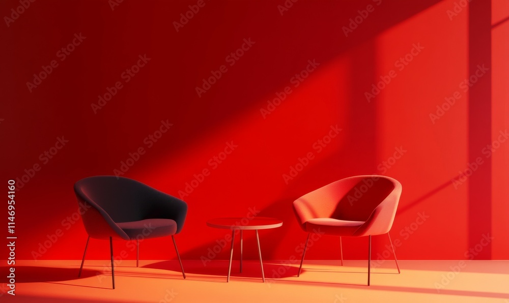 Minimalist Red Room with Chairs and small table. Interior design concept with copy-space. Minimalist Red Room with Chairs and small table. Interior design concept with copy-space.