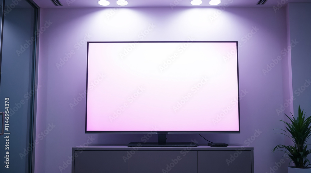 Modern television display with pink background in a stylish interior Modern television display with pink background in a stylish interior