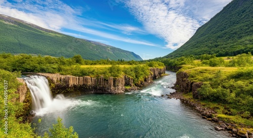 Scenic landscape with waterfall, river, mountains, and lush greenery under blue sky scattered clouds