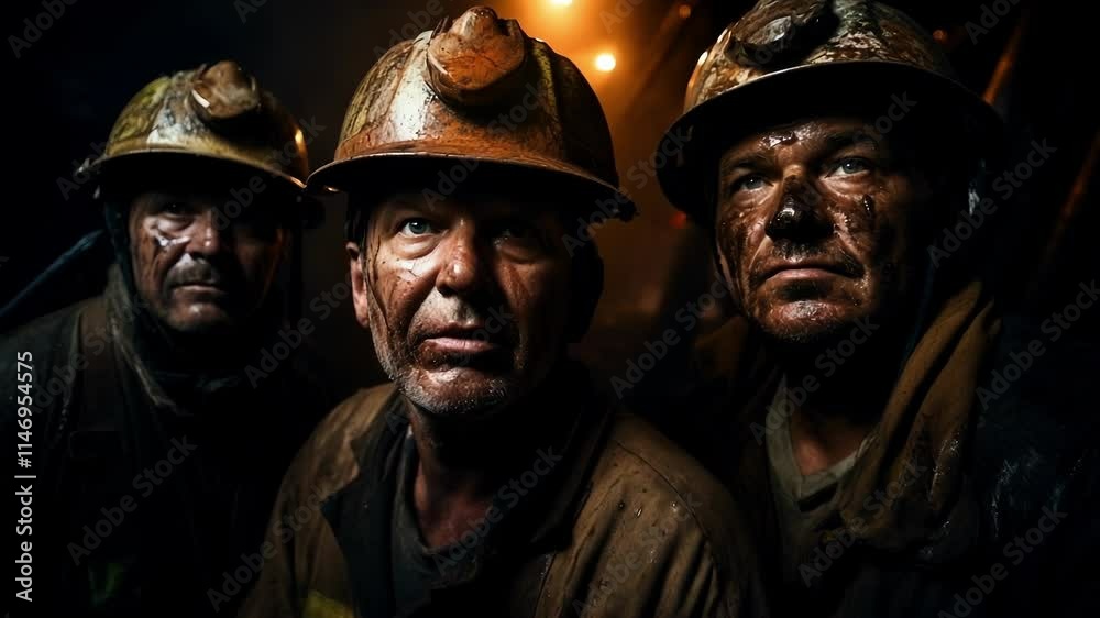 Coal miners in a dark mine, covered in dust, standing together with serious faces, showing the tough and dangerous job of underground mining Coal miners in a dark mine, covered in dust, standing together with serious faces, showing the tough and dangerous job of underground mining