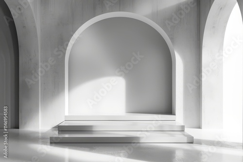 A minimalist white interior featuring arched doorways and steps, illuminated by natural sunlight, showcasing modern architectural design.