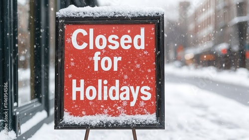 closed for holidays concept. Closed sign in snowy street, indicating holiday closure.