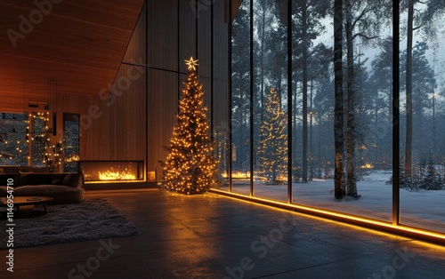 Wallpaper Mural Holiday retreat vibes: A modern cabin-style interior with large windows, a glowing tree, and underfloor lighting highlighting the festive decorations Torontodigital.ca