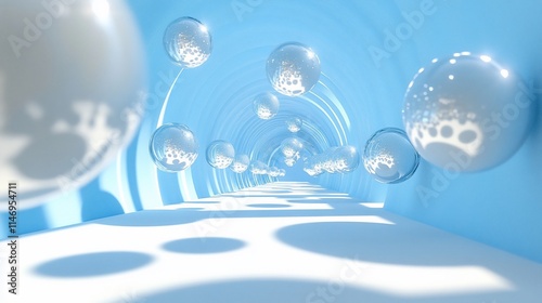 Abstract light blue tunnel with floating spheres.