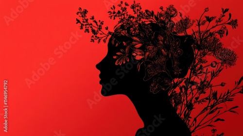 Silhouette of woman's face adorned with floral crown against red background.