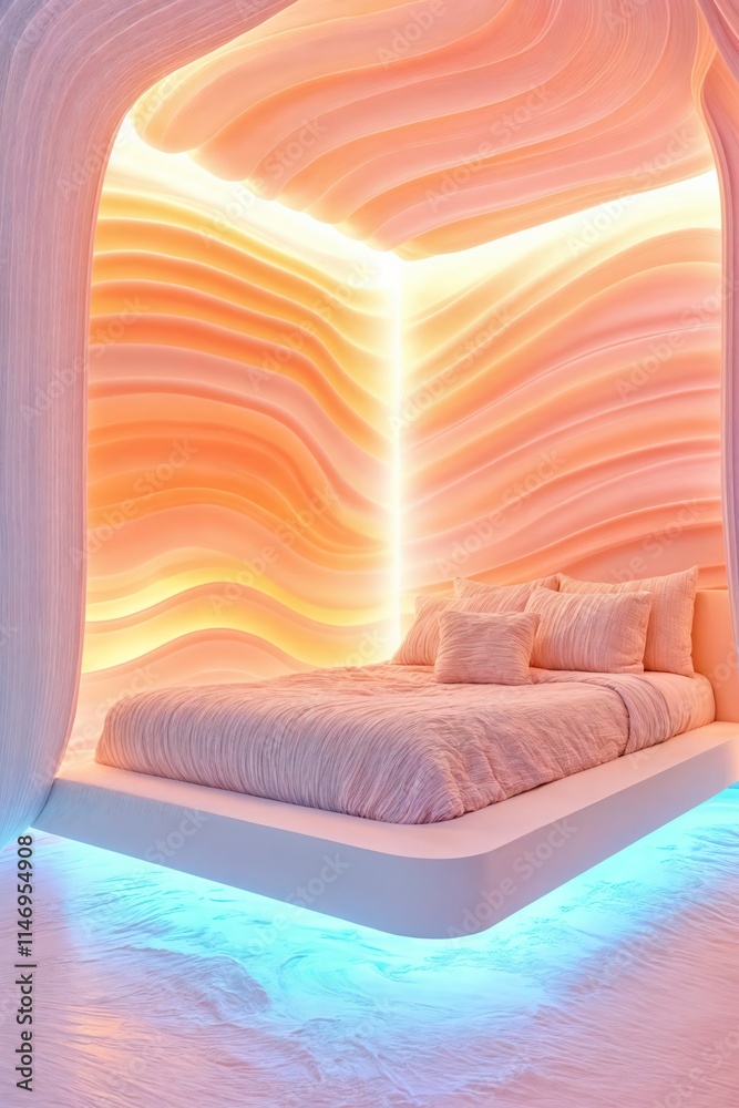 Futuristic bedroom with glowing wavy walls and illuminated modern bed design