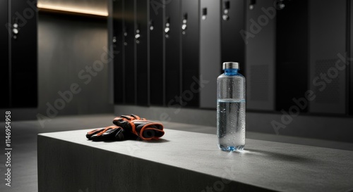 Gym locker room with water bottle and gloves on bench