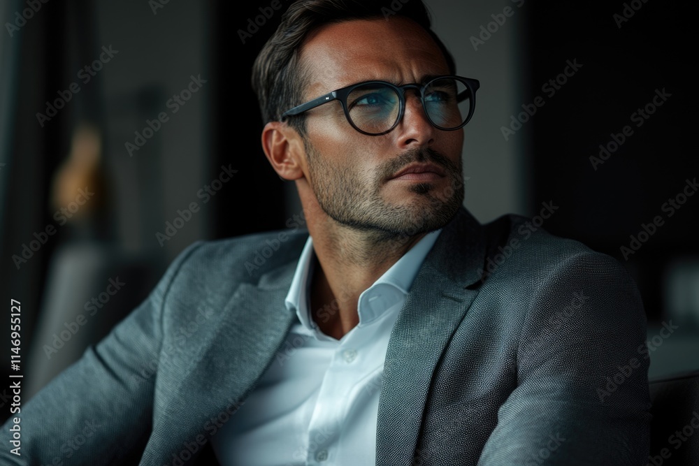 Obraz premium cool businessman looking away closing his jacket sitting on a chair and wearing eyeglasses