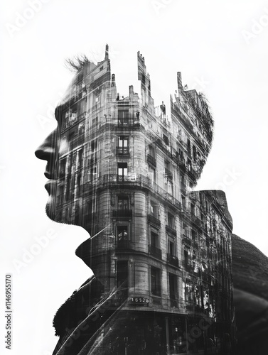 Man merging with urban building in double exposure portrait
