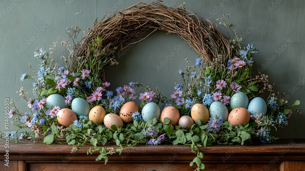 Obraz premium Wildflowers and dyed eggs in a natural woven wreath. Easter concept