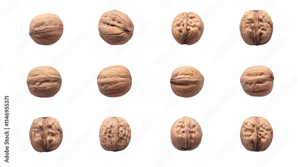 Twelve Walnuts Arranged in a Grid Pattern, Shell Texture, Nut Twelve Walnuts Arranged in a Grid Pattern, Shell Texture, Nut