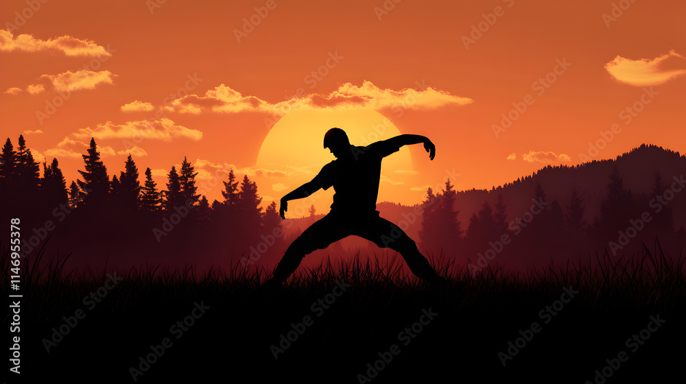 A silhouette of a person doing stretching exercises outdoors, symbolizing a healthy lifestyle. Outdoor stretching minimalist. A silhouette of a person doing stretching exercises outdoors, symbolizing a healthy lifestyle. Outdoor stretching minimalist.