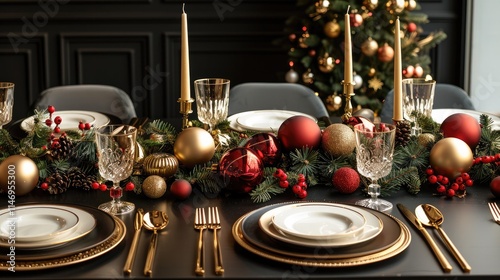 A Christmas dining table with a sleek black base, elegantly decorated with golden accents. The table features black placemats and chargers, Golden flatware and crystal glassware glisten.