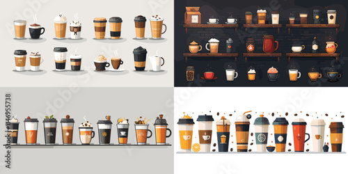illustration of various coffee types, cups, and brewing methods in warm tones, ideal for artistic digital and branding projects