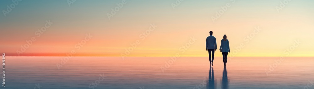 A serene moment of two people walking towards a tranquil horizon. A serene moment of two people walking towards a tranquil horizon.