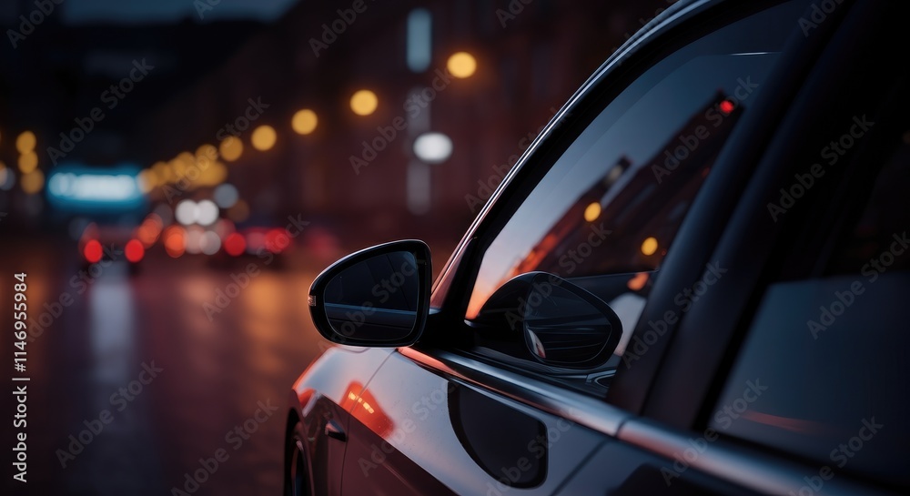 Rearview mirror at night with city lights reflecting Rearview mirror at night with city lights reflecting
