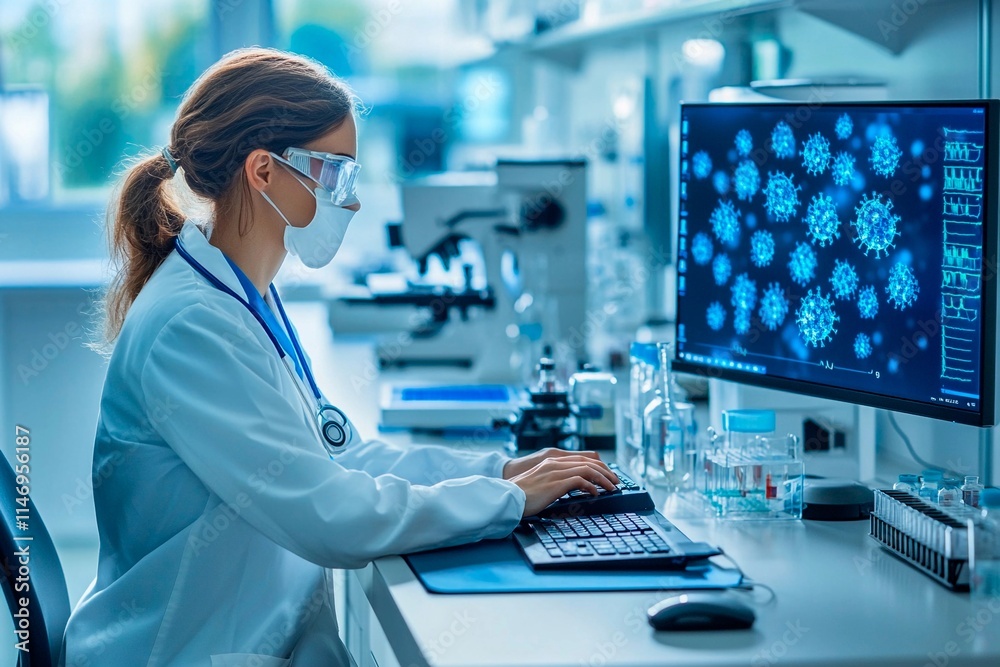 Scientist conducts research in modern laboratory focused on virus examination and analysis Scientist conducts research in modern laboratory focused on virus examination and analysis