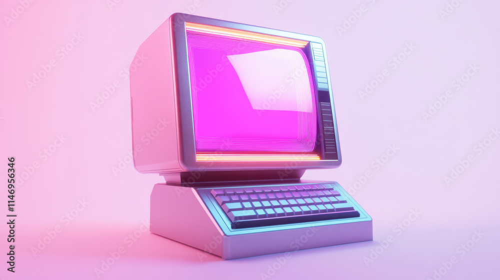 A futuristic reinterpretation of a classic computer, metallic silver frame with a holographic screen, minimalistic button design, and vibrant neon lights reflecting off its surfaces, all on a clear wh A futuristic reinterpretation of a classic computer, metallic silver frame with a holographic screen, minimalistic button design, and vibrant neon lights reflecting off its surfaces, all on a clear wh