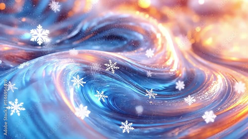 Snowflakes falling on swirling colorful liquid creating winter wonderland background