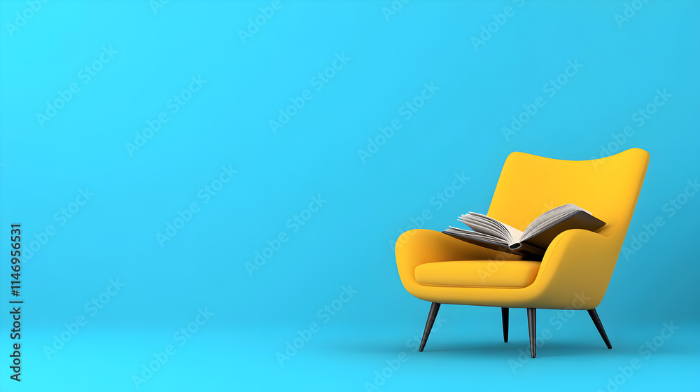 A flat design of a cozy armchair with a book, symbolizing relaxation and personal time. Armchair and book minimalist. A flat design of a cozy armchair with a book, symbolizing relaxation and personal time. Armchair and book minimalist.