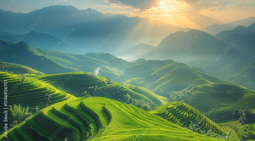Fototapeta premium A green rice field, the landscape of the plains in Vietnam is vast and endless, with terraced fields, golden sunshine shining on lush paddy plantations.