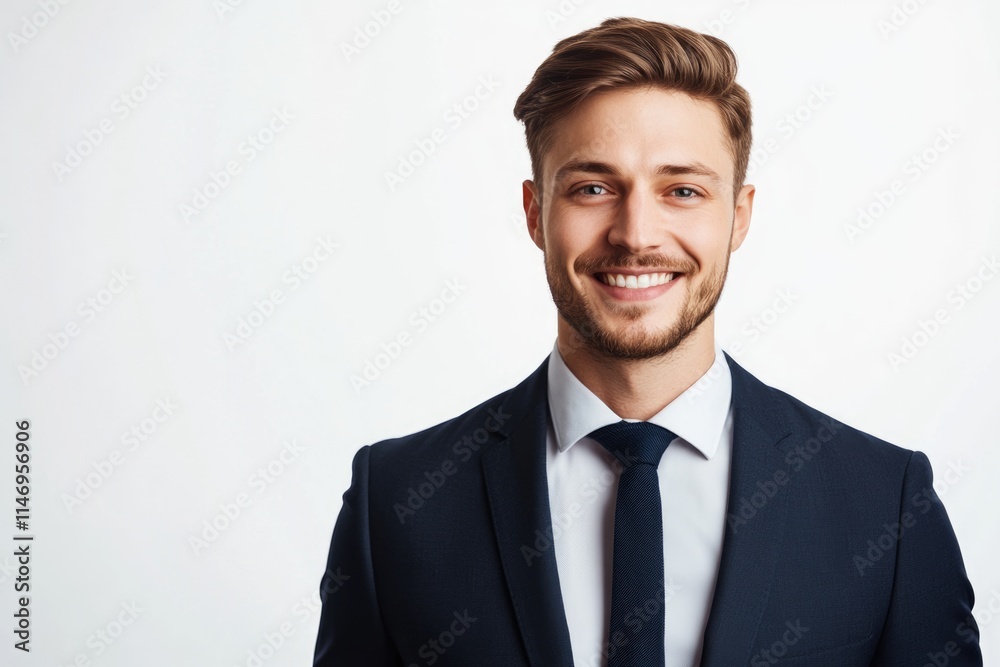 Confident Caucasian man in formal suit smiling at camera Confident Caucasian man in formal suit smiling at camera