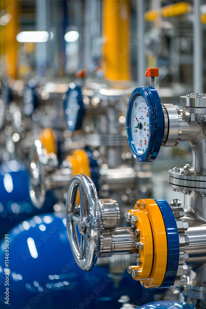 Obraz premium A close-up of a massive oil refinery plant, highlighting complex valve systems, pipes, and control panels with sharp, high-definition details.