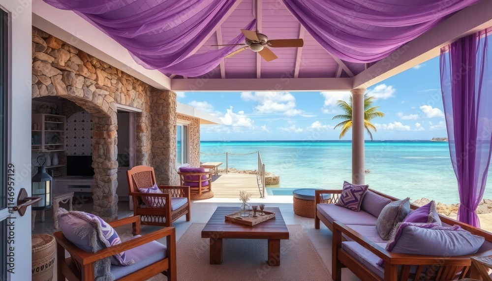 Cozy beach house with purple accents, stone walls, and wooden furniture on the seafront with clear water, palm trees, and a tropical landscape Cozy beach house with purple accents, stone walls, and wooden furniture on the seafront with clear water, palm trees, and a tropical landscape