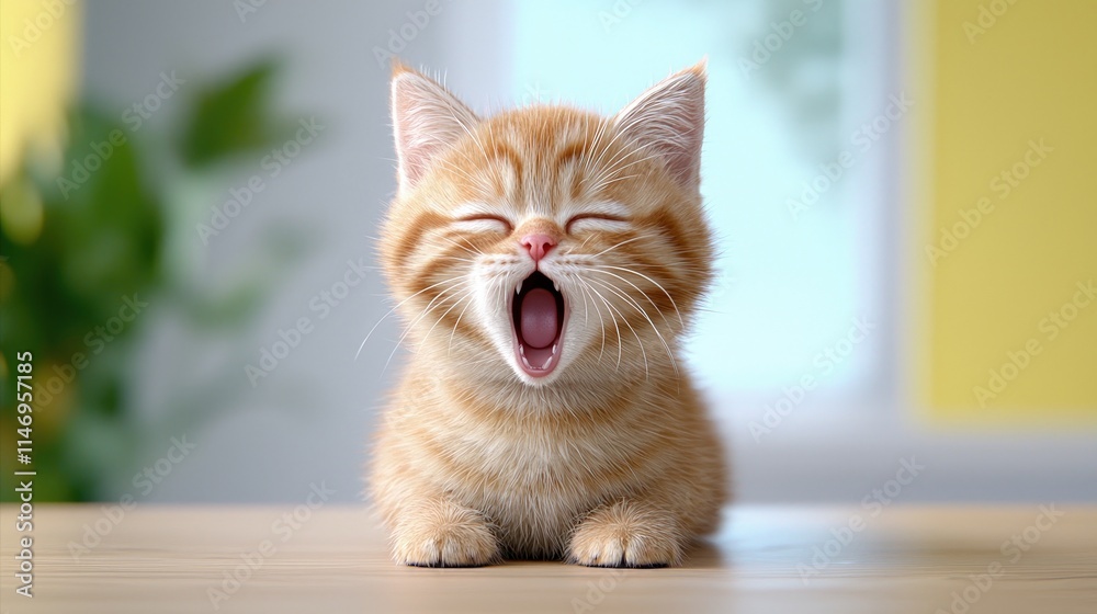 Adorable ginger kitten yawning on a table. Adorable ginger kitten yawning on a table.