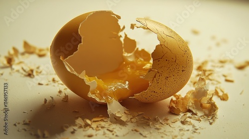 Broken speckled egg yolk spilling onto surface.