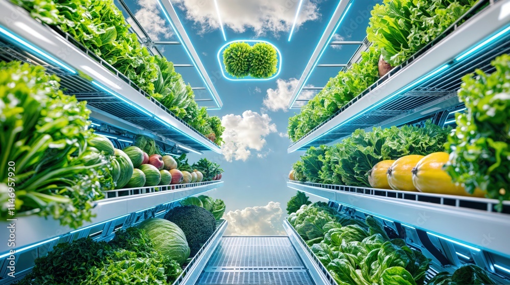 High-tech indoor farm with fresh vegetables and fruits grown under bright futuristic lighting